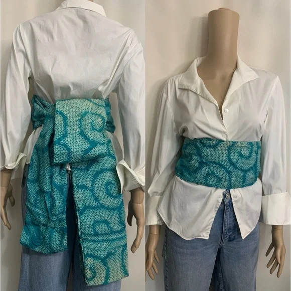Vintage textured silk dark aqua & white swirl pattern Obi belt Vintage textured silk dark aqua & white swirl pattern Obi belt main image 2